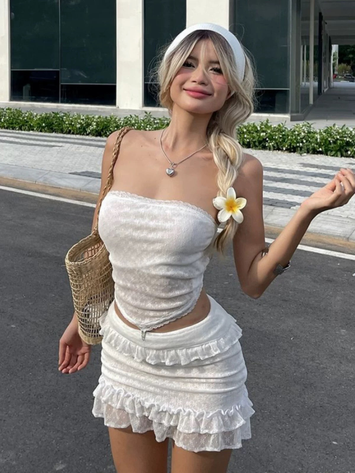 White Textured Strapless Top And Skirt Set
