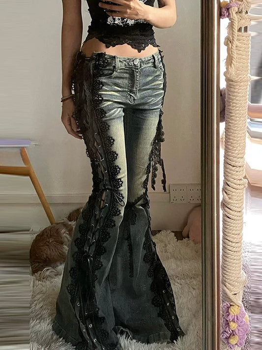 Blue Bittersweet Glamorous Lace-up Flare Silhouette Jeans