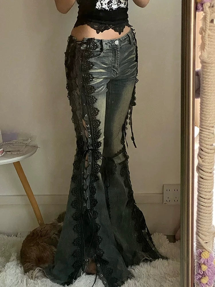 Blue Bittersweet Glamorous Lace-up Flare Silhouette Jeans