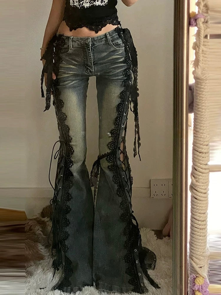 Blue Bittersweet Glamorous Lace-up Flare Silhouette Jeans