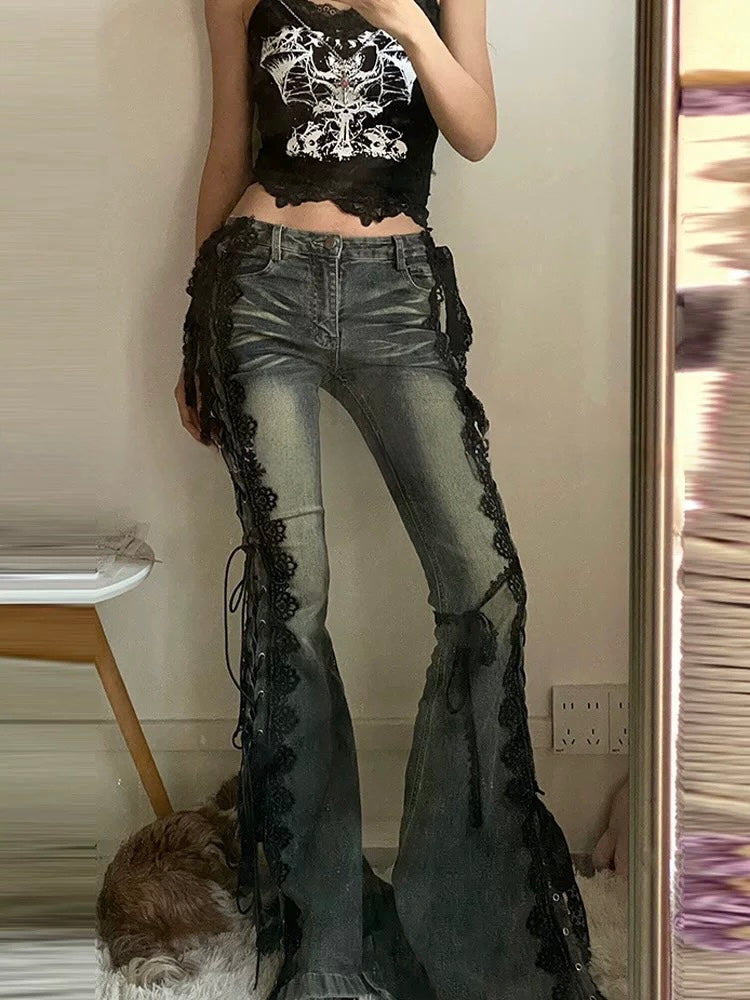 Blue Bittersweet Glamorous Lace-up Flare Silhouette Jeans
