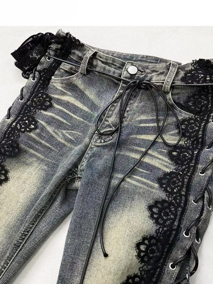 Blue Bittersweet Glamorous Lace-up Flare Silhouette Jeans