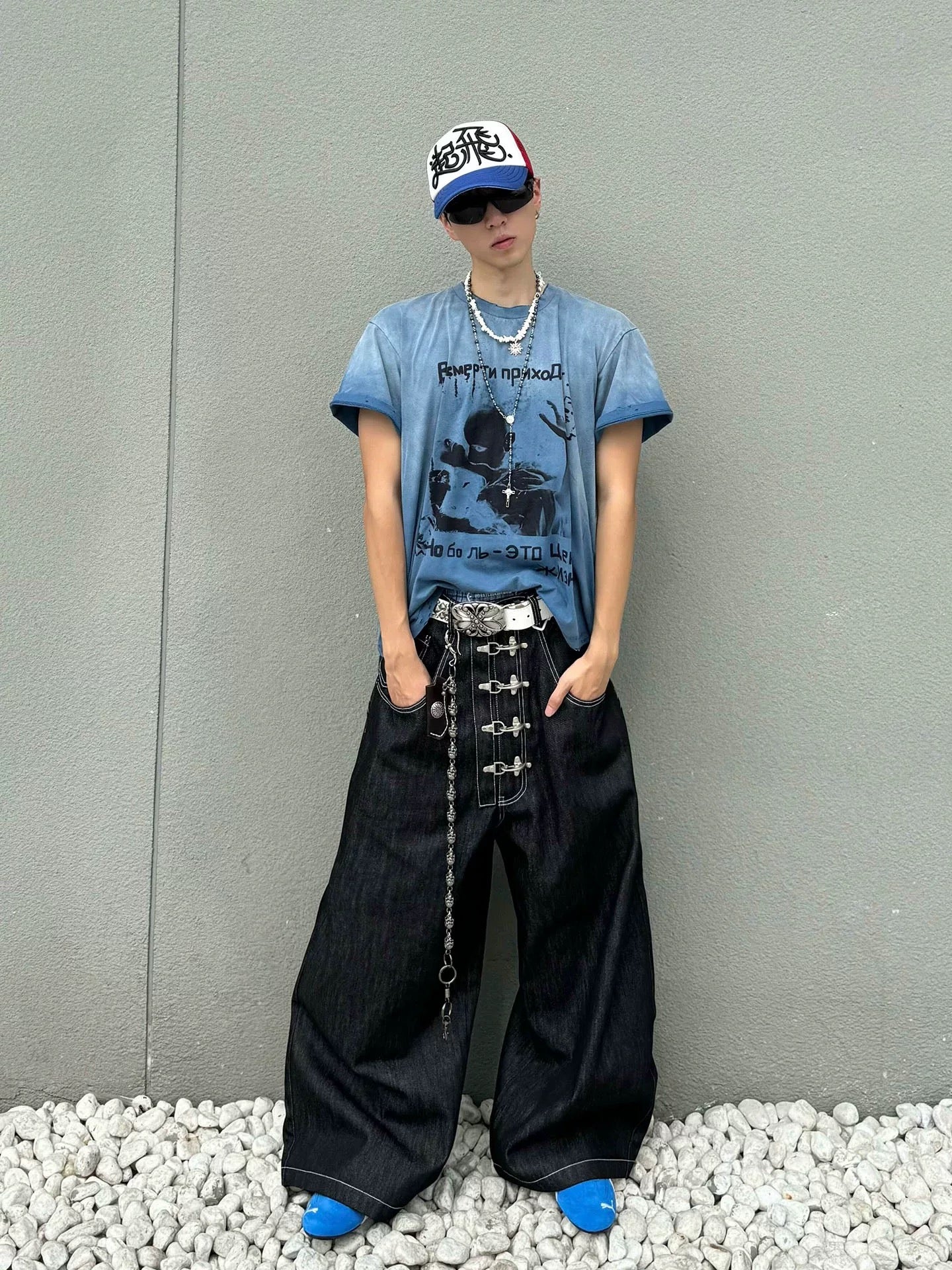 Y2K Retro Opium Black Denim Baggy Jeans with Silver Buckle detailing