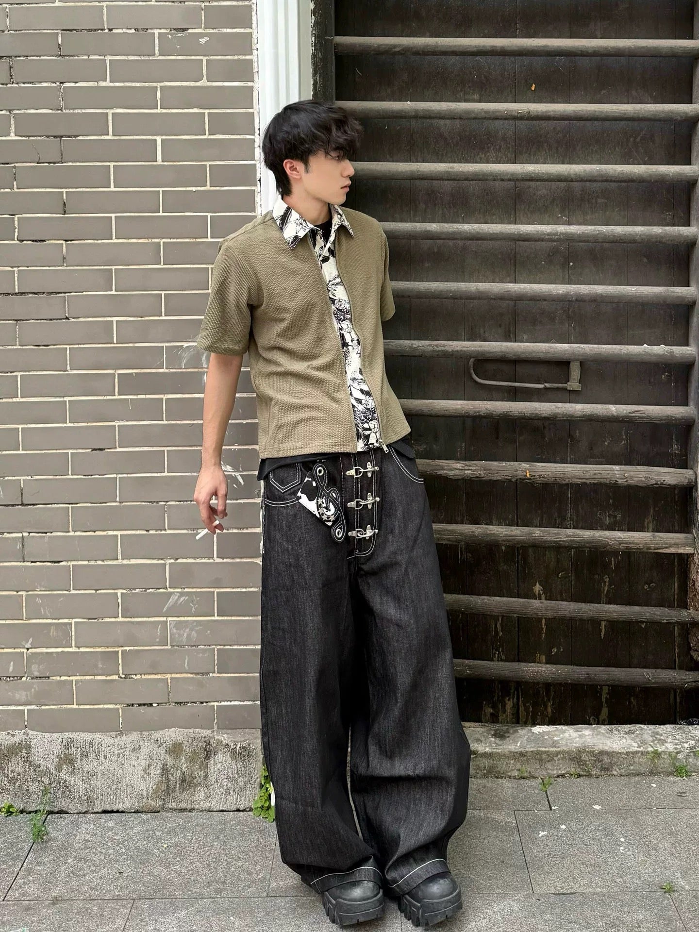 Y2K Retro Opium Black Denim Baggy Jeans with Silver Buckle detailing