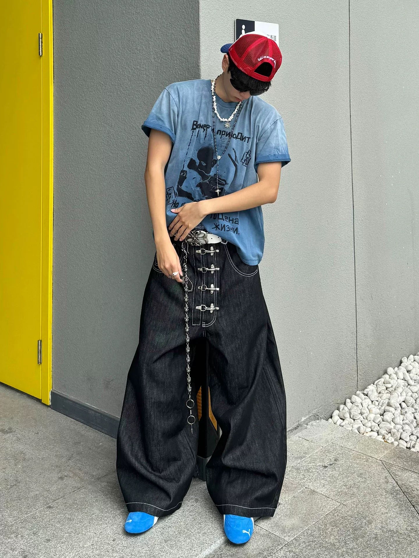 Y2K Retro Opium Black Denim Baggy Jeans with Silver Buckle detailing