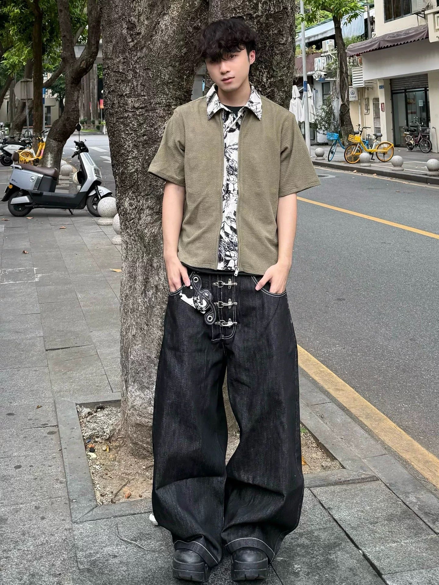 Y2K Retro Opium Black Denim Baggy Jeans with Silver Buckle detailing