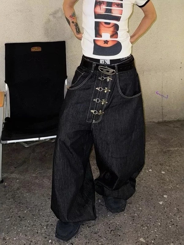 Y2K Retro Opium Black Denim Baggy Jeans with Silver Buckle detailing
