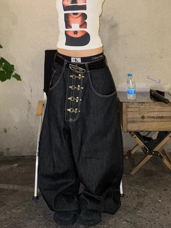 Y2K Retro Opium Black Denim Baggy Jeans with Silver Buckle detailing