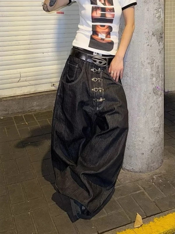 Y2K Retro Opium Black Denim Baggy Jeans with Silver Buckle detailing